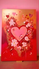 Valentine's day inspired,  canvas with a big pink heart in the middle and other smaller ones around and lowers on it
