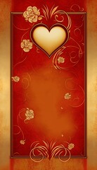 Valentine background, red canvas with frame, a big golden heart and flowers on it