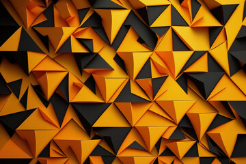 Zigzag of chaotic yellow rhombuses and orange triangles. Volumetric geometry is used in the backdrop and rigorous element design. Generative AI