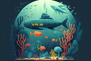 cartoon illustration, landscape of a submarine, with fish and corals, generative ai