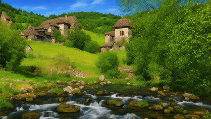 Linda paisagem com casas de pedras medieval, Generative AI
