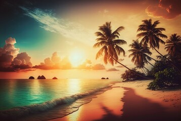 Plakat Beautiful beach in a tropical paradise at sunset. peaceful vacation or holiday setting. exotic nature scene inspirational seascape picturesque, tropical sunset beach seaside palm. Generative AI