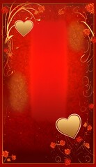 Valentines day background, red canvas with golden hearts and flowers on it