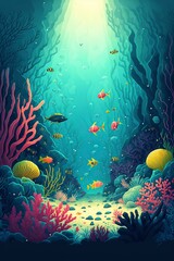 Naklejka na ściany i meble cartoon illustration, underwater scene of the seabed with corals and algae, ai generative
