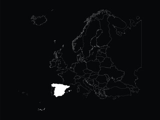 White map of Spain within map of European continent on black background