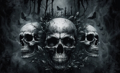 Banner featuring skulls of the dead. Illustration of a scary scene with ghostly skulls in a mist. Generative AI