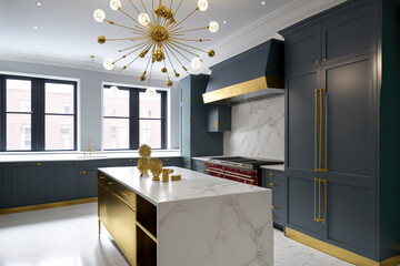 Large island in an opulent kitchen with stainless steel equipment, white marble worktops, a sputnik chandelier, and gold faucets. Generative AI