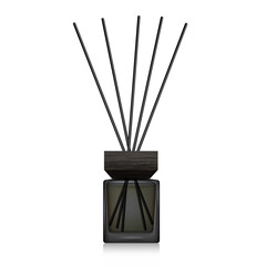 Black glass reed diffuser bottle mockup. Home fragrance with liquid perfume. Cube aroma diffuser with black wooden cap. 3D vector illustration