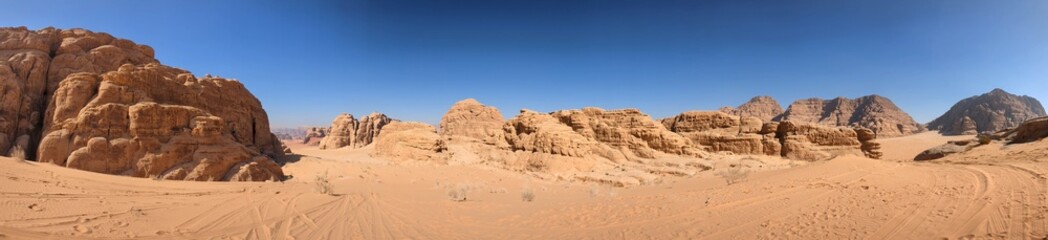 Wadi Rum Desert, Jordan. The red desert and Jabal Al Qattar mountain.Where some famous movies where shot,Star Wars,Lawrence of Arabia.
 - obrazy, fototapety, plakaty