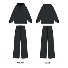 Sketch of a fashionable black suit consisting of wide trousers and a hoodie, vector. Outline drawing Pajama pants and sweatshirt. Women's tracksuit template, front and back view.