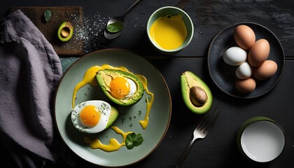  a plate of eggs and avocado on a table with a fork and knife and a bowl of eggs and a bowl of yogurt.  generative ai - obrazy, fototapety, plakaty