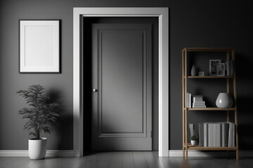 Front view of a dark living room with a white poster that is blank, a closet that contains dishes and books, a grey wall, and an oak wooden hardwood floor. minimalist design principle. a mockup