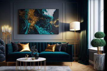 A modern living room interior of a luxurious hotel apartment with a designer couch, and art decorations. Real photo. Generative AI