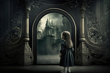 Fototapeta na wymiar Young girl looking at a castle, pondering, Generative AI