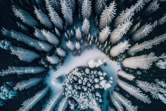 ai midjourney generated illustration of a frozen snow covered forest seen brom bird&acute;s eye view