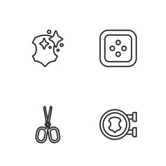 Set line Leather, Scissors, and Sewing button for clothes icon. Vector