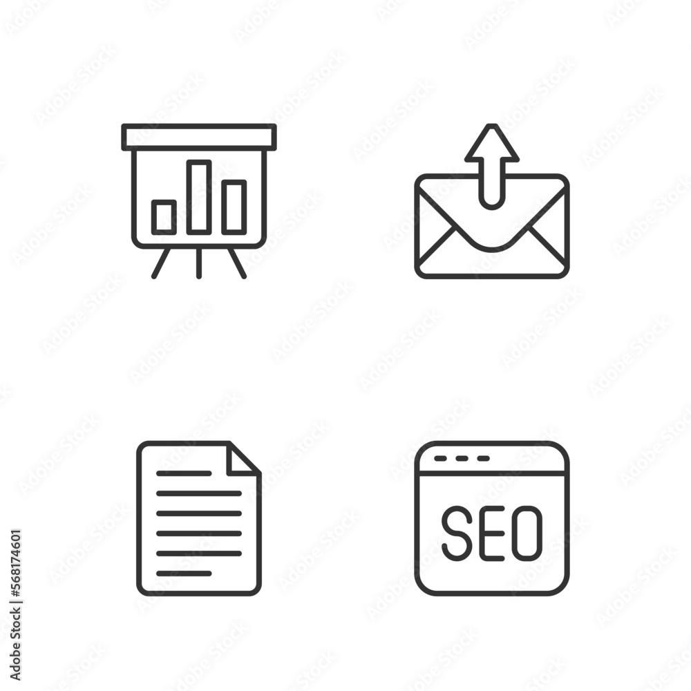 Poster set line seo optimization, file document, board with graph chart and mail and e-mail icon. vector