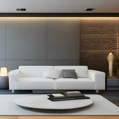 Modern living room design with a white sofa and grey accent wall3, Generative AI