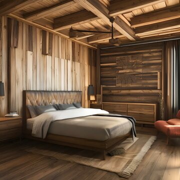 Rustic Bedroom Design With A Wooden Headboard And Distressed Furniture3, Generative AI