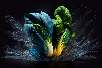 Bok choy vegetables with the same fruit color splashing on dark black background. Generative AI