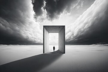  a man standing in a doorway in the middle of a desert under a cloudy sky with a man standing in the doorway in the middle.  generative ai