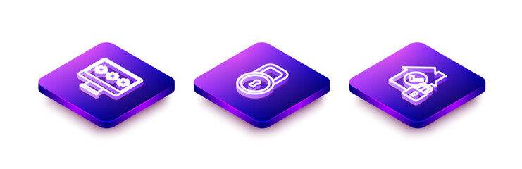 Set Isometric line Monitor with password, Lock and House under protection icon. Vector