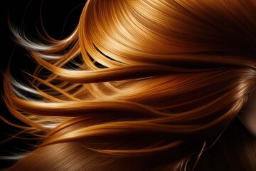  a close up of a woman's hair with long, shiny, blonde hair flowing in the wind, on a black background with a black background.  generative ai