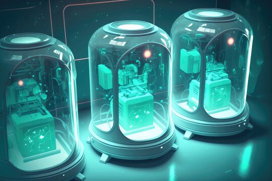 Cryogenic hibernation containers or capsules in the spacecraft's medical lab. cryo chambers in a futuristic interior. Cryopod with misted glass is illuminated by volumetric light. illustration
