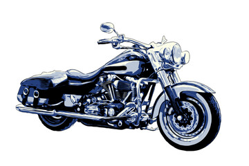 Harley-Davidson Softail illustration in white, black and blue. Detailed draw no brand - obrazy, fototapety, plakaty