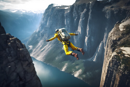 Extreme athlete jumps from a cliff canyon in a mountainous area with a river at the bottom. Generative AI technology.