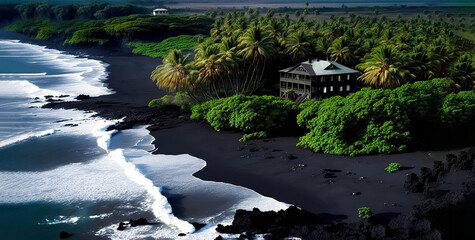 Panorama of tropical black volcanic beach with palm trees and lonely hotel, digital ai art