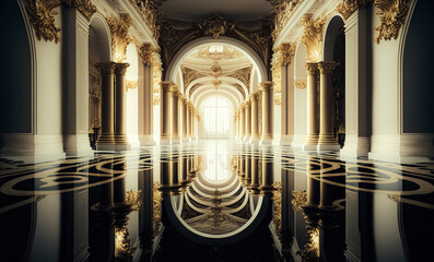 A realistic fantasy gold interior of the royal palace. golden blue palace. castle interior. Fiction Backdrop. concept art. digital ai art