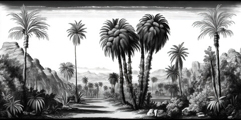 Vintage Jungle Escape: A Black and White Sketch of Majestic Mountains, Lush Valleys, and Epic Skies in a Timeless Landscape Illustration