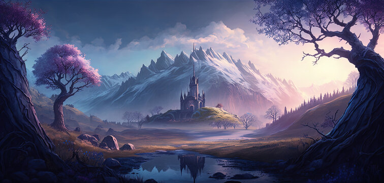 Beautiful Fantasy Landscape Castle: A Stunning Journey Through Majestic Mountains, Glistening Rivers, Radiant Skies, and Lush Summer Trees