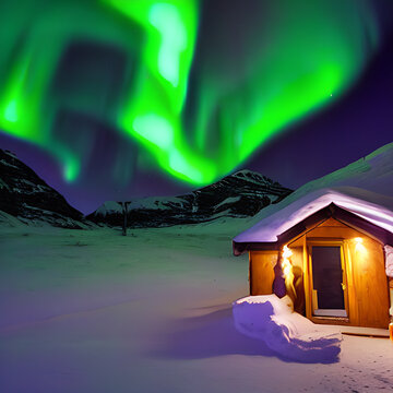 Northern Lights with enlightened hut
