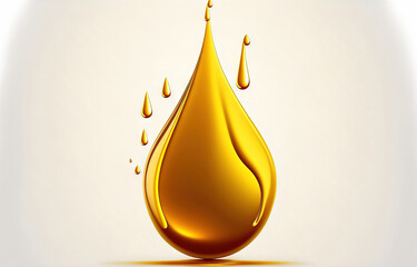 Isolated on white, a golden oil drop. Concept of olive or gasoline gold oil droplets. yellow liquid symbol. Generative AI