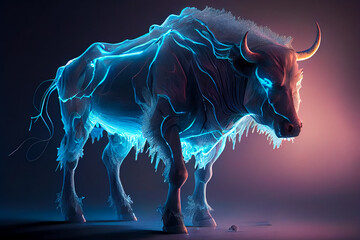Obraz na płótnie Canvas Bull made of ice with blue lights and cold breath. Generative AI