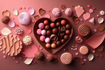 a assorted chocolates on brown plate and scattered candies, on pink background