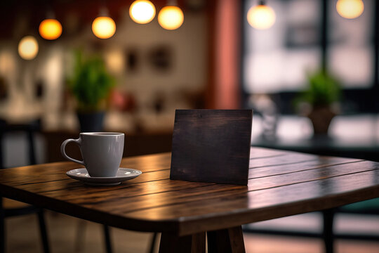 Mock up for product display on wooden board with vacant table top and blurred interior over blurred background of coffee shop. Generative AI