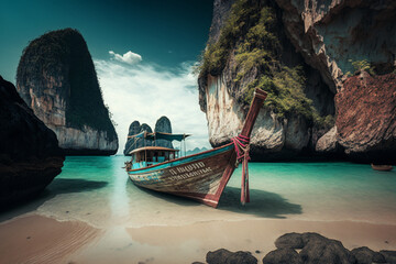 Paradise beach in Thailand, with typical Khao Lak boats on a wonderful sunny day, with mountains in the background