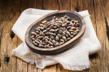 Castor oil grains in container, healthy oil