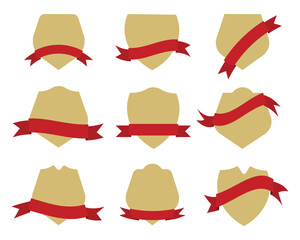 Collection of Golden Blank Badge or Shield Shape with Red Ribbons.