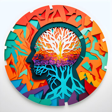 Neural Activity Mental Health Papercut illustration. Colorful Person Head Paper Cut Craft Design. Generative AI