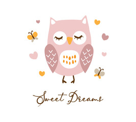 Decorative slogan with cute owl illustration, vector design for fashion, poster, card and sticker prints