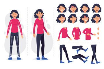 Pretty young woman constructor in flat style. Parts of body legs and arms , face emotions, haircuts and hands gestures. Vector cartoon girl character