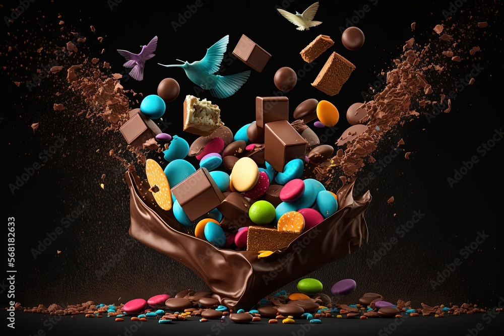 Poster a pile of chocolate and candy falling into a chocolate bag with birds flying around it and a bird fl