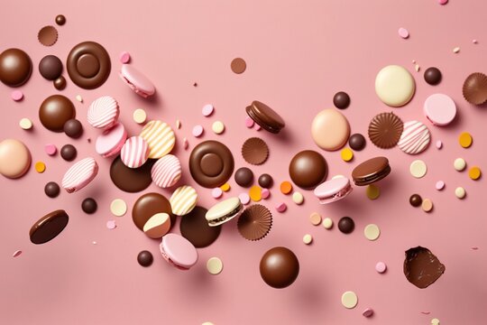  a pink background with lots of different types of chocolates and candies scattered around the top of the image on a pink surface with confetti.  generative ai