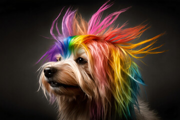 Naklejka premium Cool and colorful dog. Rainbow colors. Diversity, tolerance, inclusion concept. Different and unique to be. Fashionable doggy. Generative AI.