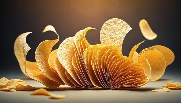  a pile of yellow chips with a bite taken out of one of the chips to the side of the image, with a dark background.  generative ai
