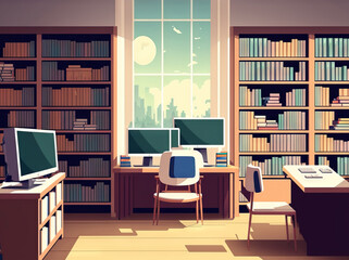 Library. Illustration of the interior of a modern public library with bookshelves, chairs, workstations, and computers in a reading room or bookshop. public library with a knowledge based interior